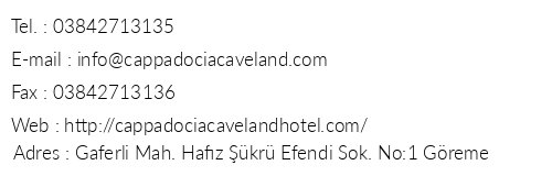 Cappadocia Cave Land Hotel telefon numaralar, faks, e-mail, posta adresi ve iletiim bilgileri